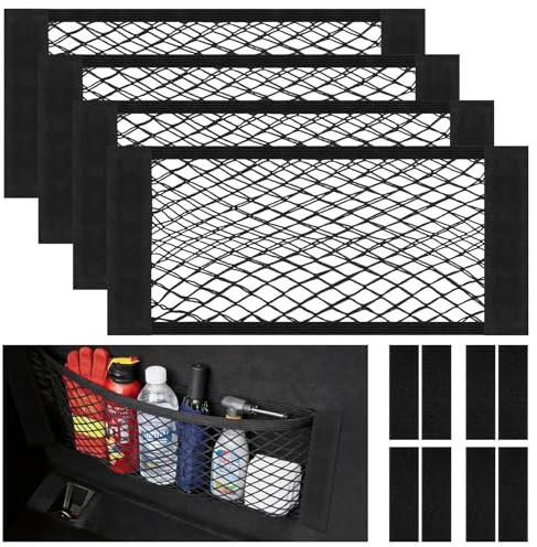 4 Pièces Filet Coffre Voiture, 50x25cm Filet de Rangement Élastique Magic Sticker, Filet Rangement de Camping Car, Rangement Ajouter sur Les organisateurs, Convient au daim et aux surfaces brillantes