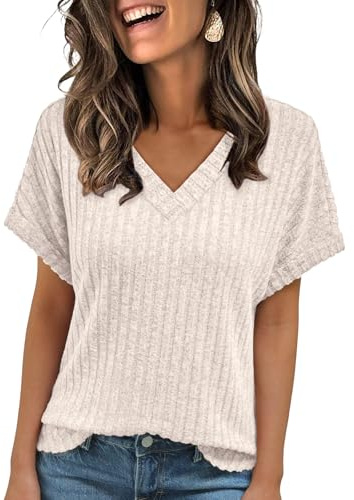 LILLUSORY V Neck T Shirts for Women UK Summer Oversized Tops | Loose Fit Ribbed Tshirts, Short Sleeve Blouses, Fitted Jumpers, Ladies Mature Clothes, Capsule Wardrobe Clothing