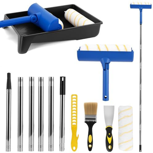 Paint Roller Set with Extension Pole, 10 Inch Paint Roller Brush Set, Includes Paint Tray, Brush, Rollers, Paint Mixer, Scraper for Painting for Walls and Ceilings, 12 Pack