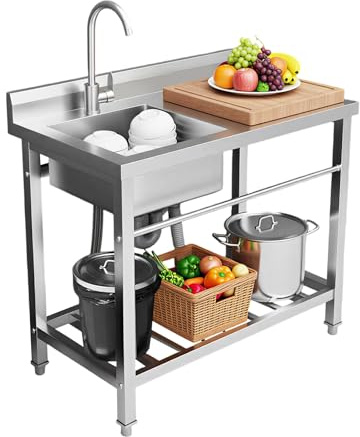 LENJKYYO Spüle mit Unterschrank, Freistehende Küchenspüle Edelstahl 80x55x84cm, Camping Spüle mit Arbeitsplatte, Spültisch mit Wasserhahn und Ablaufgarnitur, Multifunktions Spülbecken für Küche
