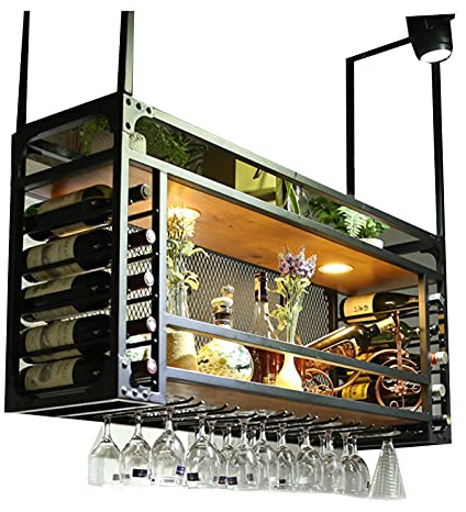 KHLMSRXJ Casier à vin Suspendu, casier à vin de Plafond, Porte-Bouteilles de vin Vintage, Support de Stockage de vin d'affichage réglable, Armoire de Rangement de Verres à Champagne pour ba