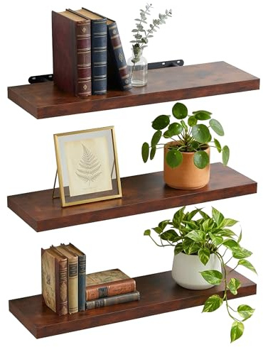 Relaxdays Wandregal, 3er Set, HBT: 4 x 80 x 23 cm, Holzoptik, Metall, Wandbretter Wohnzimmer, Flur, Küche, braun/schwarz