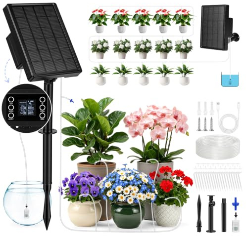 Sistema di irrigazione solare,Irrigazione Automatica Solar per 20 Piante in Vaso, Irrigazione Solare a Goccia per Esterno con Tubo 15M, Irrigazione Solare per Balcone, Giardino e Serra
