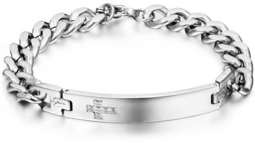 JewelryWe Personalisierte Schmuck Edelstahl Armband Panzerarmband Zirkonia Kreuz Panzerkette Partnerarmband Herren Armbänder Armreif mit Gravur Silber