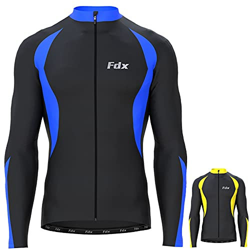 FDX Men’s Thermal Cycling Jersey, Water Resistant, Lightweight, Super Roubaix Fabric, Windproof Winter Cycle Top, Full Zipper, Long Sleeve Bicycle Riding Shirt, Running, Bike (Black/Blue, 2XL)