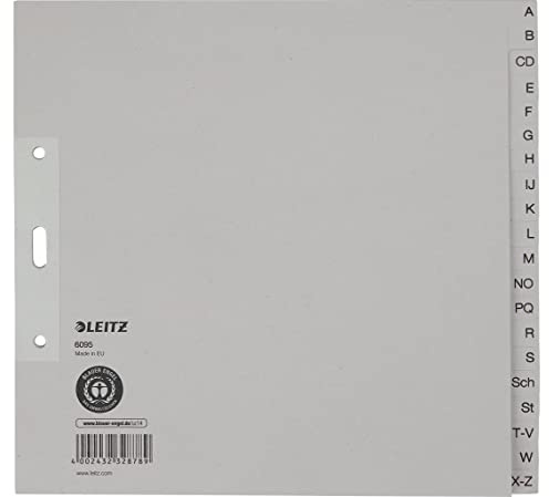 Leitz 6095-00-85 Register - A - Z für Hängeordner, Papier, A4 halbe Höhe, 20 Blatt, grau