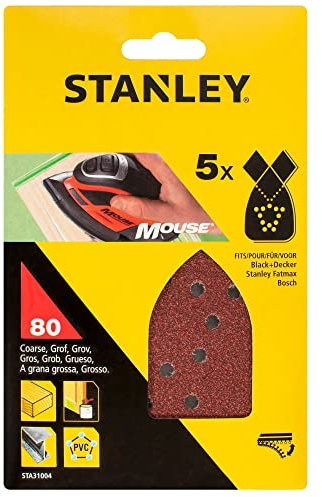 STANLEY STA31004-XJ Quick Fit Sanding Sheets for Black+Decker Mouse, 80G, Pack of 5