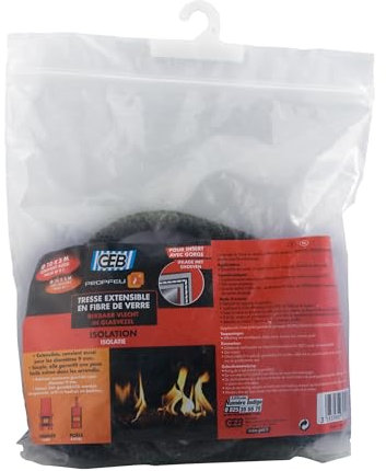 GEB Propfeu Tresse Ronde Extensible en Fibre de Verre pour étanchéité réfractaire des vitres d'insert de cheminée - Diamètre Ø 10 à 9mm - Sachet de 5m de Long, Noir