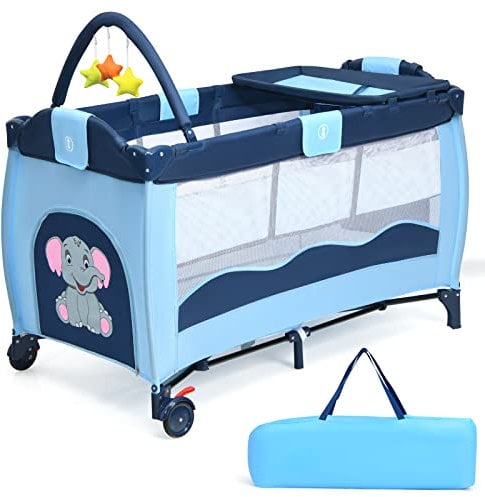 COSTWAY 3 in 1 Reisebett mit Matratze, Kinderreisebett mit Spielbogen, Wickeltisch, Tragetasche, Beistellbett mit Seitentür, atmungsaktives Netz, Babybett klappbar mit Rollen bis 45 kg belastbar, Blau