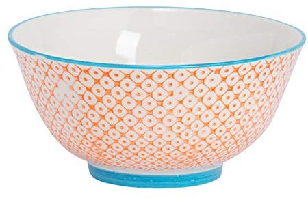 Nicola Spring Patterned Cereal Bowl - Orange - 16cm - Pack of 1 - Hand Printed Japanese Style Porcelain Serving Bowls for Dessert, Pasta, Cereal, Salad, Noodles, Soup