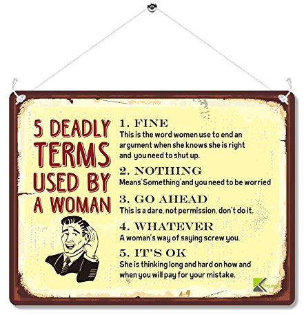 MP045 5 DEADLY TERMS USED BY A WOMAN : FINE/NOTHING/GO AHEAD/WHATEVER/IT'S OK Retro Home Bar Decor, Novelty Gag Gift for Men, Husband, Dad | Vintage Wall Art, Funny Kitchen Signs 20cm x 15cm