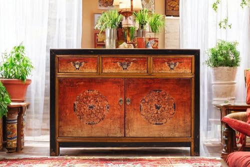 OPIUM OUTLET Asia Kommode Sideboard Shabby-Chic Vintage Schrank orientalisch chinesisch Anrichte Buffet schwarz-orange fernöstlich Holz