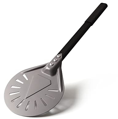 Newmeto Pala de pizza redonda de aluminio perforada de 7 pulgadas con mango de metal, pala de pizza para accesorios caseros de horno de pizza