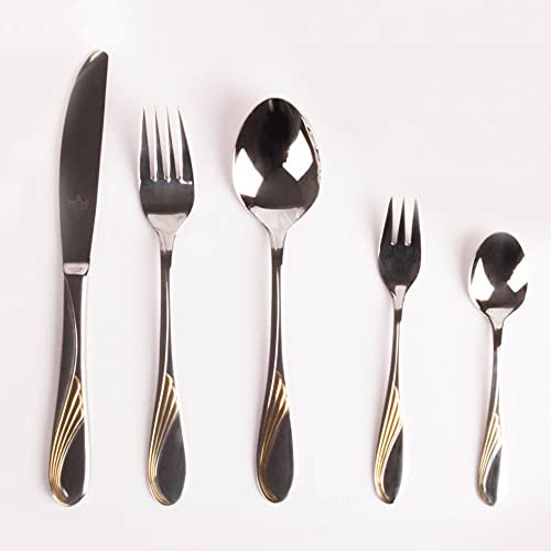 Juego de cubiertos en acero inoxidable 18/10 pulidos y bañados en oro (30 piezas) Nápoles, 6 cucharas, 6 tenedores, 6 cuchillos, 6 cucharas de postre, 6 tenedores de postre