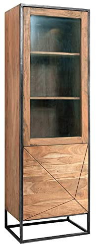 SAM Glasvitrine Kaddy, Akazienholz massiv & stonefarben, Vitrine mit je 1 Holz- und Glastür mit Einlegeböden, schwarzer Metallrahmen, 60 x 180 x 40 cm