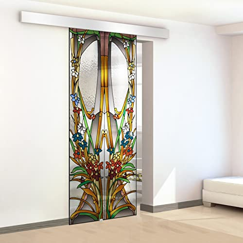 Porta scorrevole in vetro colorato dipinto a mano, modello ALPESH colorato 95x215 cm (60/85/95 cm) 8 mm vetro trasparente, kit completo di ferramenta (95x215 cm, SINISTRA)