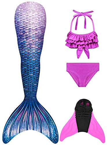BAWADE Meerjungfrauenflosse Mädchen Meerjungfrau Flosse mit Bikini Setfür Kinder und Monoflosse(4 Stück)