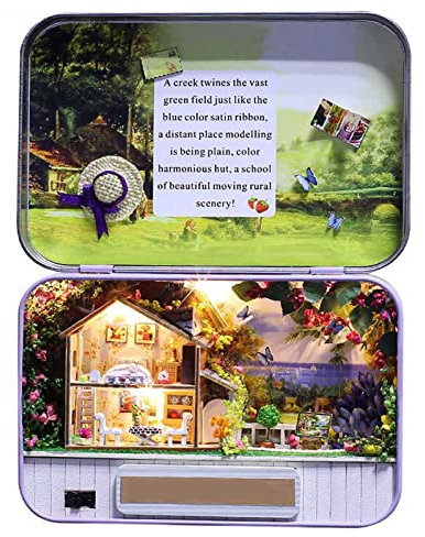 Natudeco DIY Miniatur Puppenhaus Mini zusammengebaute Box mit LED Leuchtturm Modellbausatz Dekoration Geburtstagsgeschenk Weihnachten für Kinder