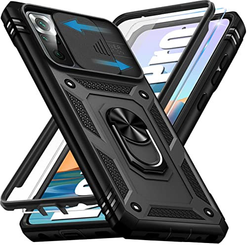 Giyer Handyhülle für Xiaomi Redmi Note 10 Pro Hülle mit Schutzfolie, Note 10 Pro Schutzhülle mit Kameraschutz 360° Drehbarer Metall Ring Ständer Stoßfest Note 10 Pro 6.67 Case Cover (Schwarz)