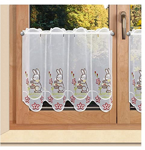 Scheibengardine Osterhase mit Körbchen aus Vogtländischer Spitze | Moderner Frühlings-Scheibenhänger mit Häschen in der Blumenwiese | Farbenfrohe Kurzgardine Kaninchen Höhe x Breite 40 x 96 cm