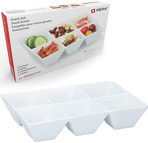 BAKAJI Piatto Vassoio da Aperitivo in Ceramica Bianca a 6 Scomparti, Centrotavola per Snack, Antipasti, Salse, Ciotola Contenitore Ideale per Cene, Feste, Bar, 23,5 x 15,5 x 4,8 cm, Design Minimal