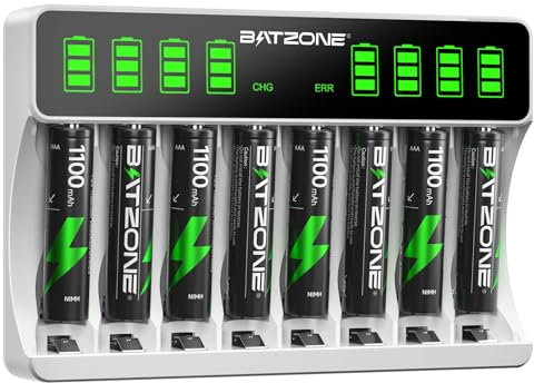 BATZONE Battery Charger with 8 x AAA Batteries, Intelligent LCD Screen Battery Charger, for NI-MH/NI-CD Batteries, 8 Bays Individually Charger for AA AAA Rechargeable Batteries