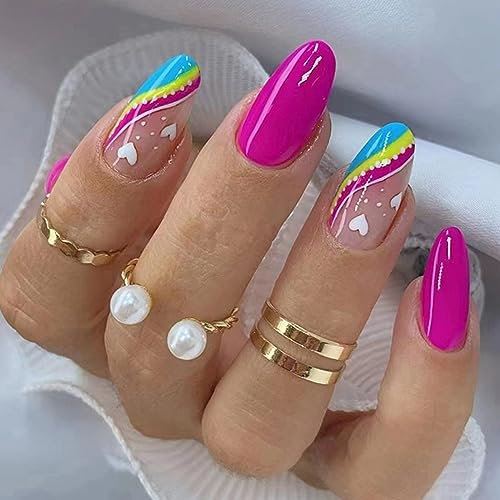 24 Stück Falsche Nägel Mandel Mittel, French Bunte Welle Künstliche Nägel mit Herz Design, Glossy Oval Kunstnägel Nägel Zum Aufkleben, Acryl Fingernägel Fake Nails Kurz für Frauen Mädchen