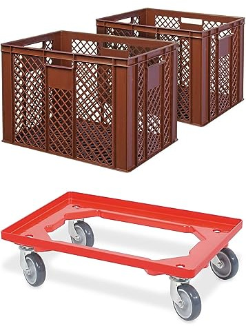 BRB 2x Eurobehälter/Bäckerkiste, LxBxH 600x400x410 mm inkl. Transportroller (braun)