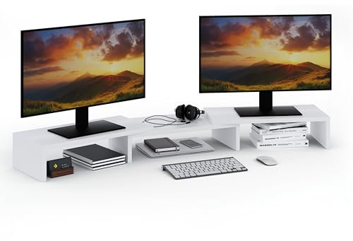 ComfortCove Dual Monitor Stand Riser, Monitor Stand, Desk Organizer, Laptop Stand, Computer Stand, 3 shelf Adjustable length, ideal for your Home Office, White