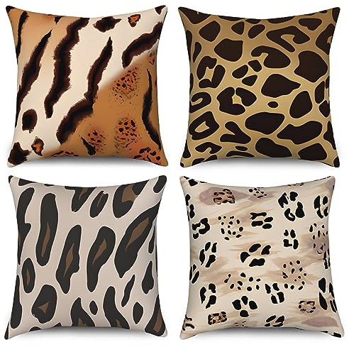 ASDCXZ Kissenbezug 40x40 cm 4er Set, Modern Retro Braun Beige Leopardenmuster Sofa Dekokissen Kissenbezüge Kissenhülle Waschbar Polyester Flachs Textil Outdoor Kopfkissenbezug Kissen Bezug