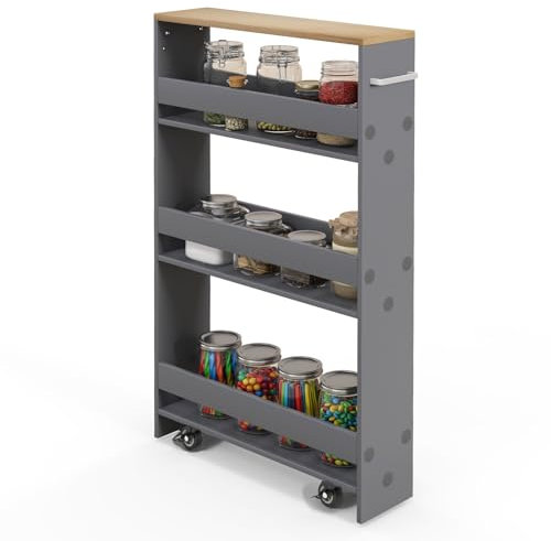 GIANTEX Nischenregal 13cm breit, Küchenregal Küchenschrank Küchenwagen, Nischenschrank Nischenwagen auf Rollen, Badregal Rollwagen Holz 4 Etagen, Schmales Regal für Küche, 47,5 x 13 x 80,5 cm