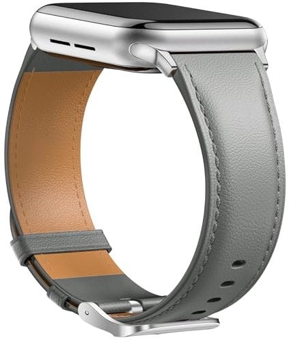 Laffav Lederarmband Kompatibel mit Apple Watch Armband 40mm 41mm 38mm Damen Herren, Echtes Leder Klassisches Ersatzarmband für Apple Watch iWatch Series 8 7 6 5 4 3 2 1 SE,Grau