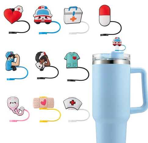 JSMIECO 10Pcs 9-10mm Nurse Stanley Straw Covers Caps, Reusable Medical Straw Covers for Stanley 30/40oz Cup, WaterProof Straw Toppers Stanley Cup Accessories, JS005P5-US