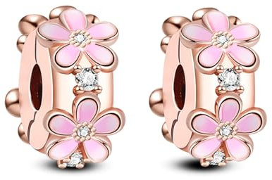 Annmors 925 Sterling Silber Pink Daisy Clips für Europäische Armbänder und Halskette Perlen mit 5A Zirkonia,Weihnachten,Valentinstag,Muttertag,Geschenkanhänger für Frauen und Mädchen 2-Stück/Paket