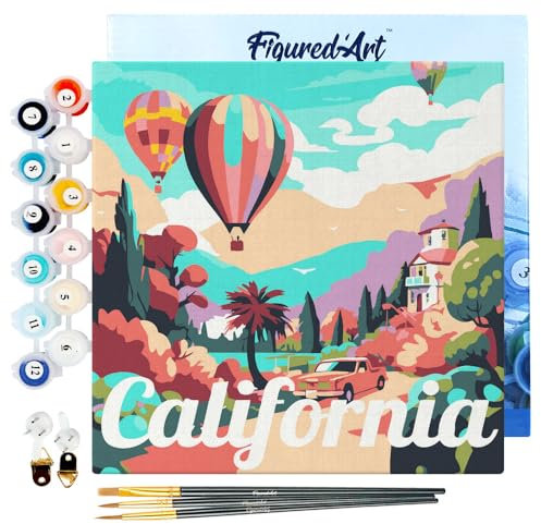 Figured'Art Mini Malen Nach Zahlen Erwachsene Mit Rahmen 20x20cm Kleines Format - Reiseplakat Kalifornien Ballons - Paint by Numbers Basteln DIY Bastelset Leinwand gespannt auf Holzrahmen