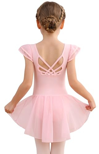 MdnMd Girls Dance Dress Ballet Leotards Dresses for Toddler Ballerina Outfit Skirt Hollow Knot Back Flutter Sleeve Dress (Ballet Pink, 4-6 Years)