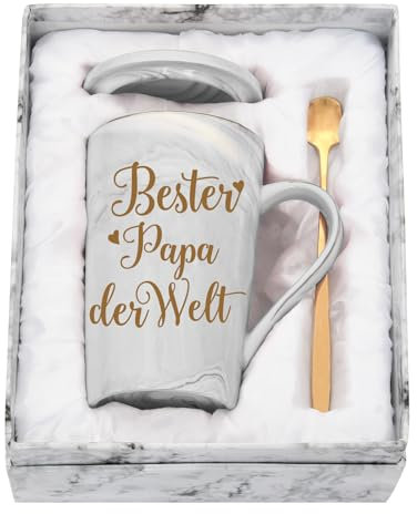 Diztoud Geschenke für Papa, Vater Geschenk Vatertag Geburtstag, Bester Papa der Welt Tasse, Vatertagsgeschenk, Weihnachtsgeschenke, 14oz 400ML Keramik Marmorbecher mit Deckel, Löffel und Geschenkbox
