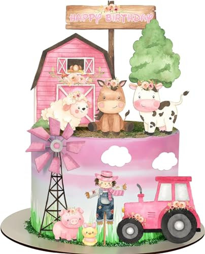 Kuchendekoration mit Bauernhoftieren,Bauernhof Party Herzstücksticks,Farm Tier Cupcake Verpackung und Topper für Bauernhof Thema Party für Kinder Geburtstag Baby Shower (Rosa)