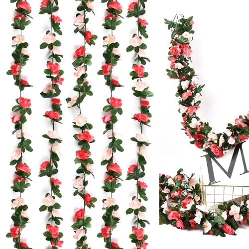 XAVSWRDE 5 Pack 41FT Artificial Flower Garland Fake Rose Vine Flowers Plants Artificial Flowers Rose Vine Garland Silk Faux Hanging Rose Garlands for Outdoor Indoor Wedding Wall Bedroom Decoration