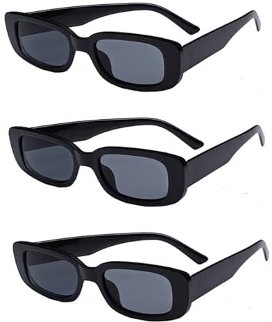 3 Pack Black Sunglasses - Rectangle Retro Square Sunglasses for Women & Men - 90s Style, UV400 Lens