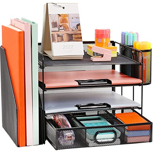 Schreibtisch Organizer mit Aktenhalter, 4 Ebenen Papier Briefablage mit Schublade und 2 Stifthalter, Netz Schreibtisch Ablagefächer Organiser mit Zeitschriftenhalter für Bürobedarf Dokumentenablage