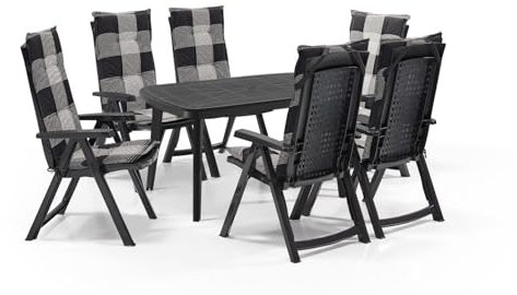 SCHAFF Shaf Milano 7-TLG. Outdoor-Essgruppen-Set | Klappstühle anthrazit | mit grauen Polstern | Wetterfest | Klappsessel (Polster: Karriert, Set: Anthrazit)