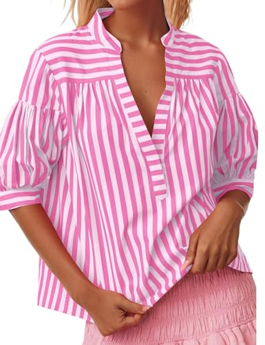 Ymejia Chemisier rayé à manches courtes bouffantes et col en V pour femme Coupe ample, rose/blanc, Taille L