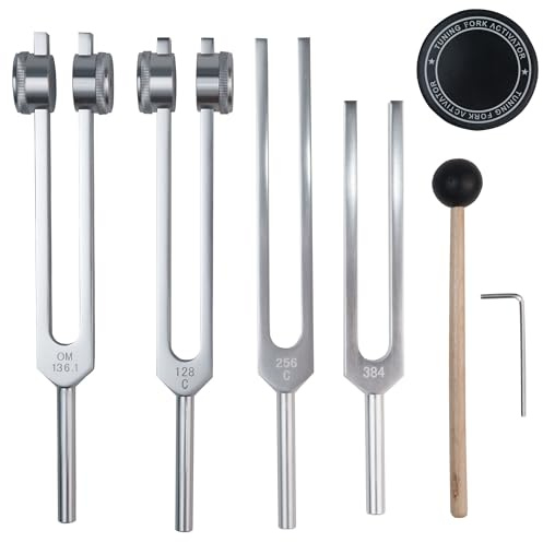 LeSage Tuning Forks for Healing Set -128Hz, 136.1Hz, 256Hz, 384Hz with Mallet, Hex Wrench, Activator, Carrying Pouch & Cleaning Cloth for Chakra Balancing, Meditation, Yoga, Body Therapy