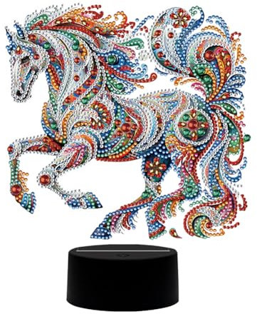 Demiawaking Diamond Painting Nachtlicht Tischdeko Tiere, Diamant Malerei Nachttischlampe Tischlampe LED Deko Set, DIY 5D Diamant Painting Lampe für Geburtstag Geschenke (Pferd)