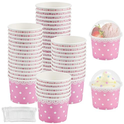 Kleemeiero 50PCS Bols de Crème Glacée en Papier Gobelets à Glace Gobelets en Papier à Dessert avec Couvercles et de Cuillères Coupes à Glace en Carton pour Dessert, Glace, Yaourt (Dentelle Rose)