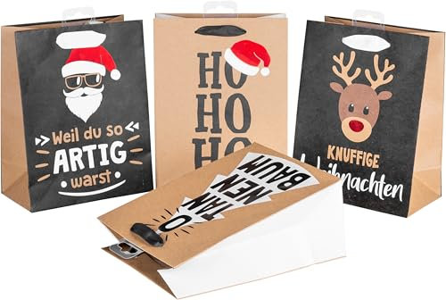HEKU 24er Set Weihnachts-Geschenktaschen aus Papier | 4 Weihnachtsmotive X-mas Nature Trend I Hotfoil-Veredelung und Prägung I Praktische Größe (23x18x10 cm) I Umweltfreundlich und wiederverwendbar