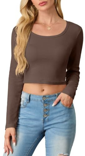 PrinStory Sweatshirts For Women Cotton Crop Tops Slim Fit Round Scoop Neck Y2K Tshirts Elegant Long Sleeve Tops Basic Blouse Tee Outfit Streetwear (Brown, XXL)