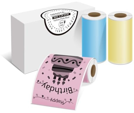 ORGSTA Etiquette Imprimante Thermique Continu pour S002, Q2,T003, T001 Plus | Adhésive Jaune, Rose, Bleu 57mm x3M,3 Rouleaux
