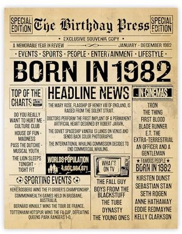 Stuff4 Poster zum 43. Geburtstag, ungerahmt – Born in 1982 Vintage Zeitung – Happy 43. Geburtstag Geschenke für Frauen und Männer, Retro Back in 1982, 20,3 x 25,4 cm, 43 x 25,4 cm, 43 Drittel
